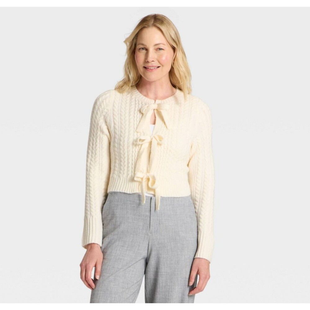 Women's A New Day Long Sleeve Bow Cardigan Cream Medium